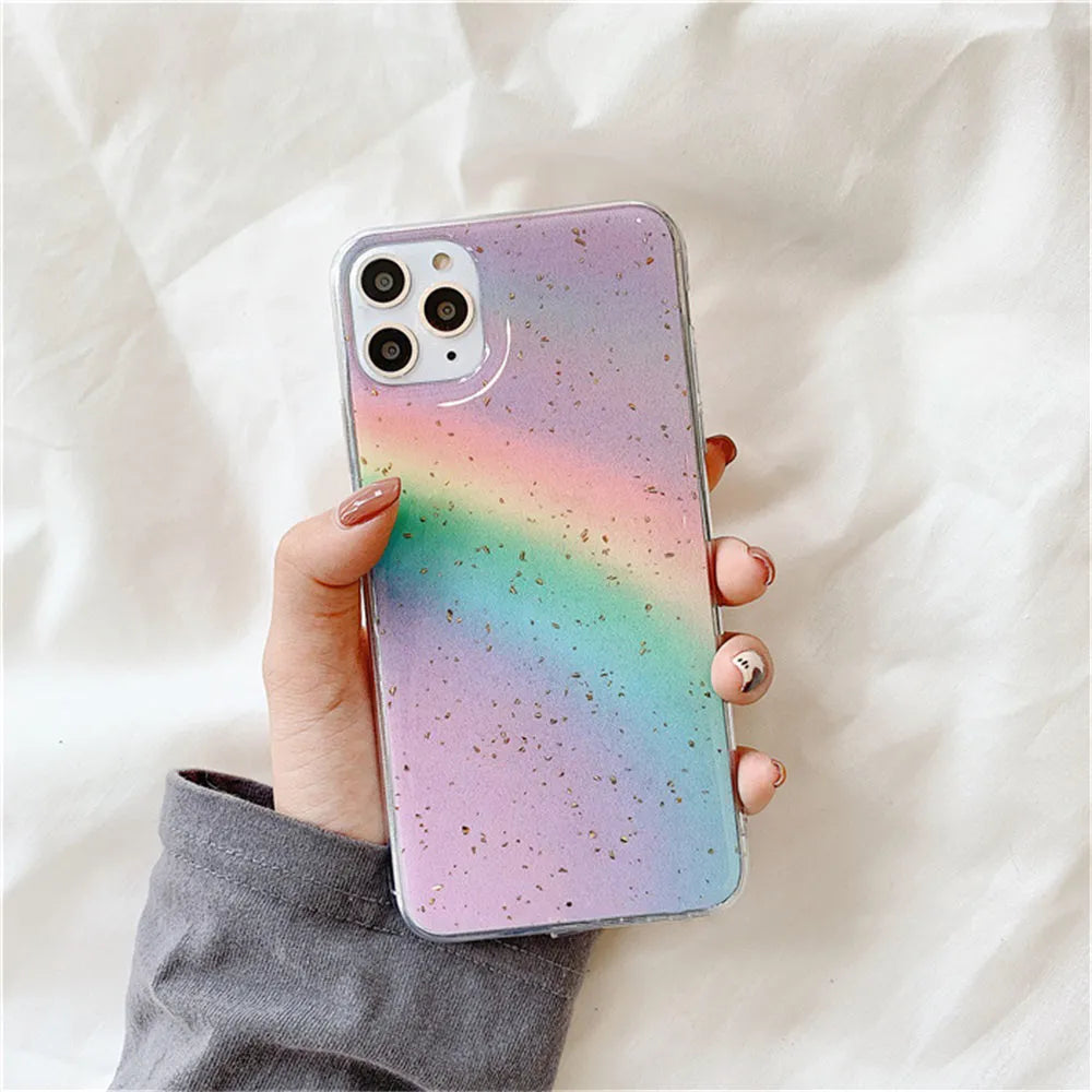 Rainbow gradient iPhone case with colourful stripe patterns on TPU protective cover