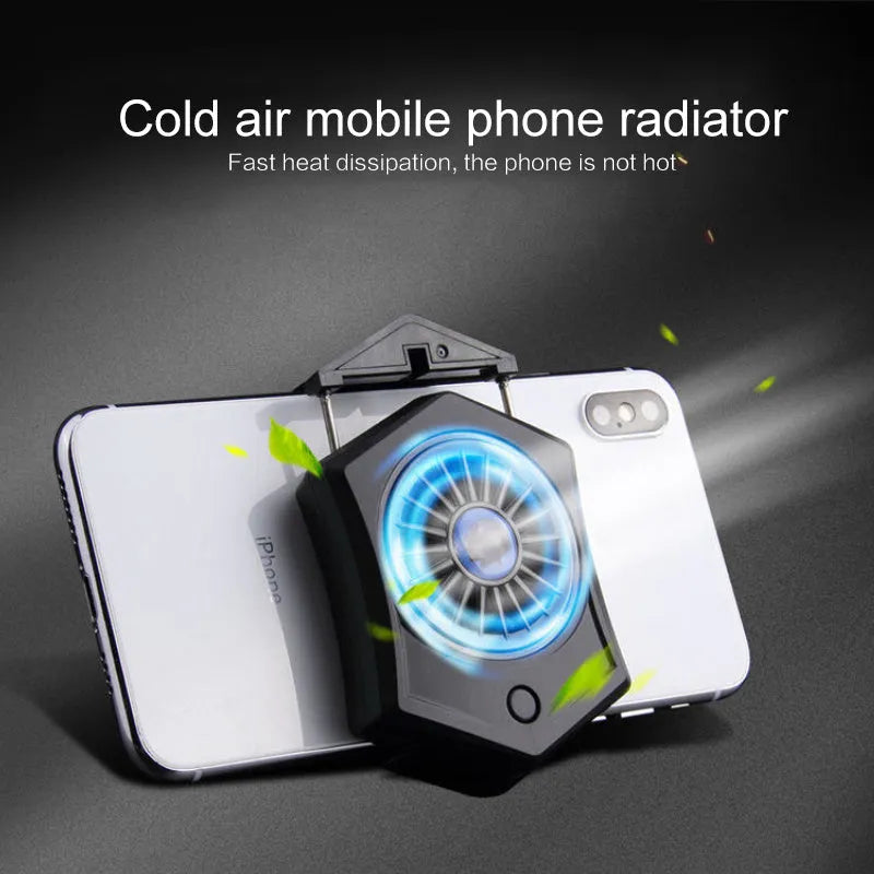 Black and white mobile phone radiator cooling fan clipped onto a smartphone.