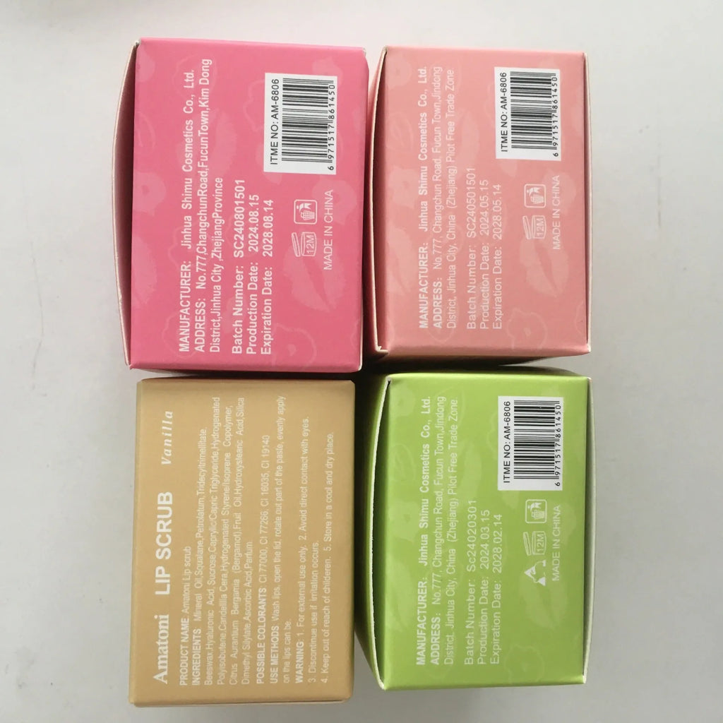 30g pot of Amatoni fruit flavour lip scrub cream in coconut, raspberry, vanilla, or watermelon