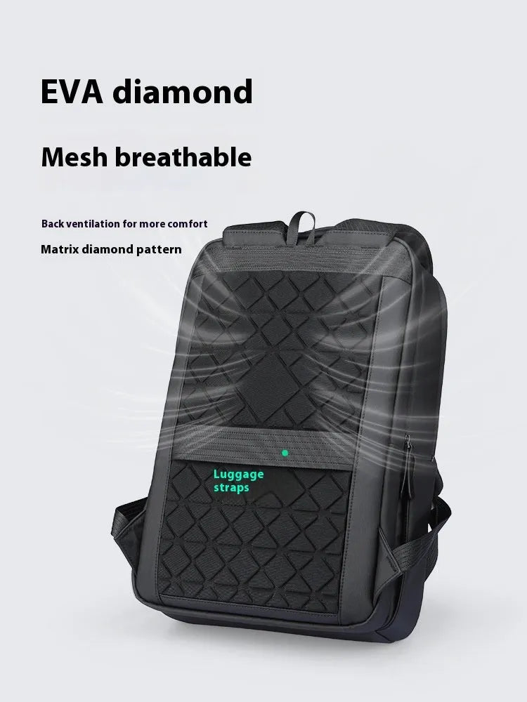 Graphite grey Oxford cloth business backpack featuring an external USB charging port on the shoulder strap.