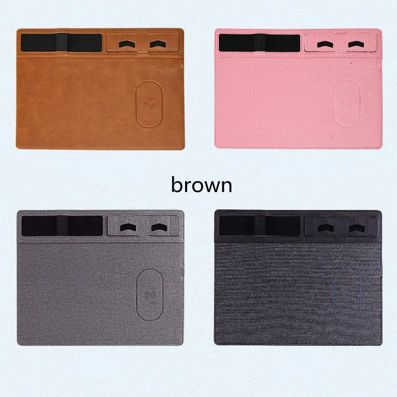 Wireless charging mouse pad with phone holder in four colour options on a desk