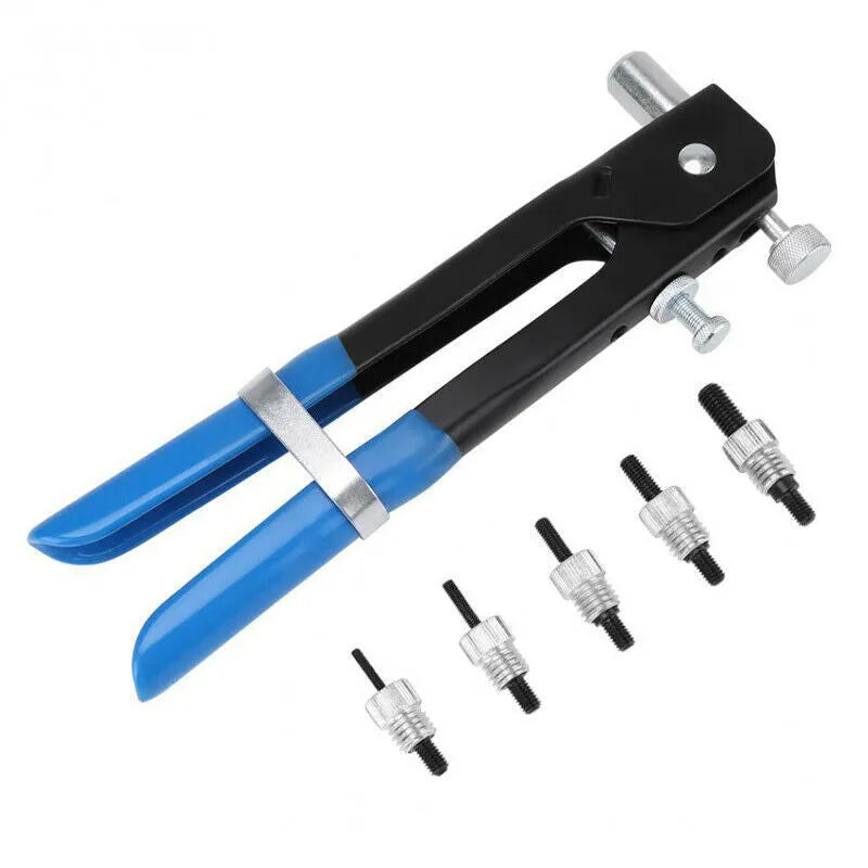 Alloy steel manual riveter nut set showing tool with assortment of nuts