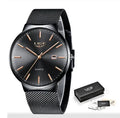 Men's stainless steel watch with 40mm case showing all black, all blue and black blue colour options