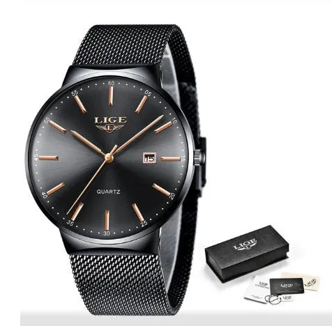 Men's stainless steel watch with 40mm case showing all black, all blue and black blue colour options