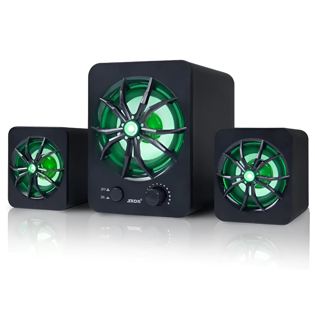 Green 2.1 USB computer speaker with colourful glowing lights and 150 cm cable for PC and mobile phone