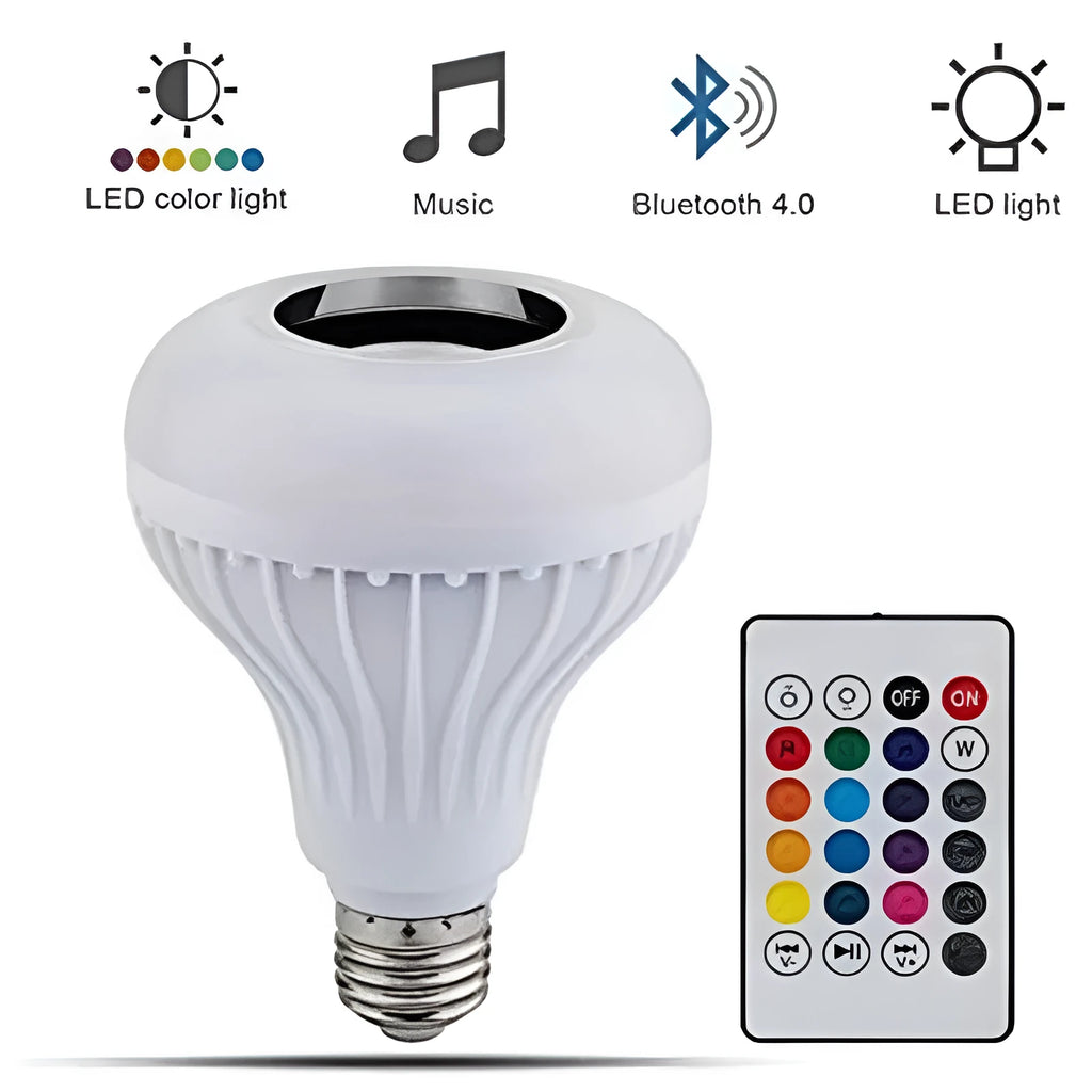 White E27 smart LED bulb with Bluetooth speaker and remote control for wireless light and music adjustment.