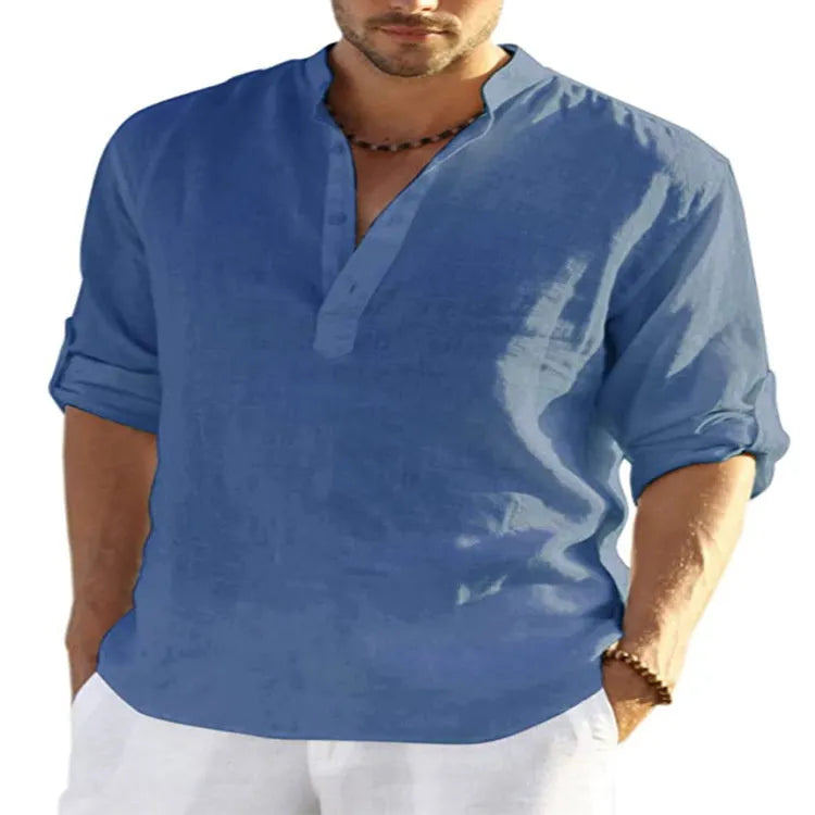 Men's solid colour cotton linen long sleeve shirt with stand collar and button-down front.