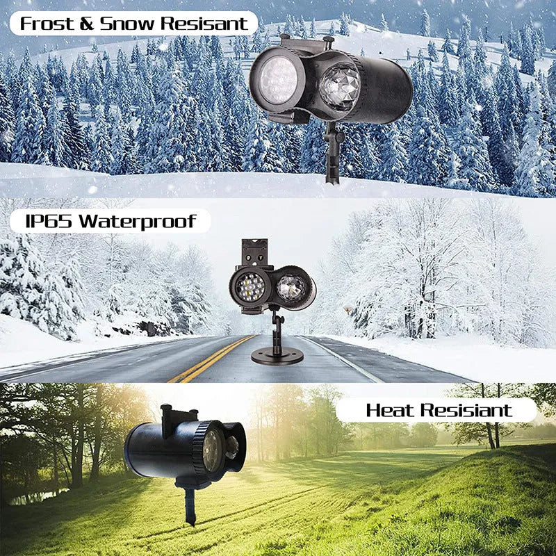 Outdoor waterproof double tube LED animated watermark light with IP65 rating, showing garden party decoration with moving water patterns
