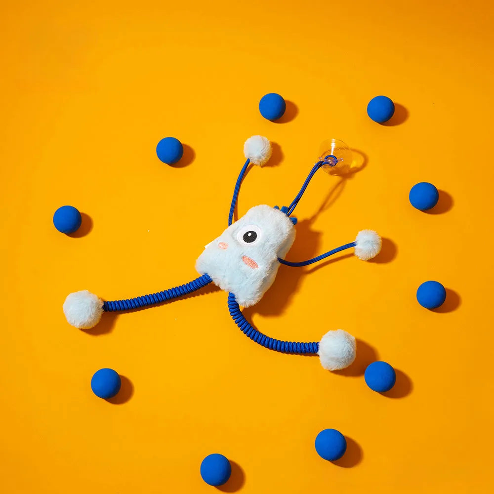 Blue plush cat toy with telescopic elastic rope, ring with bell and mint element on white background