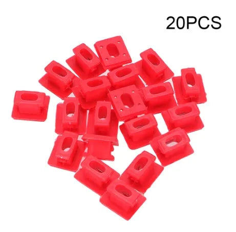 Ten black plastic BMW interior door panel trim clips or fasteners on a white background.