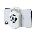 Black and white mobile phone radiator cooling fan clipped onto a smartphone.