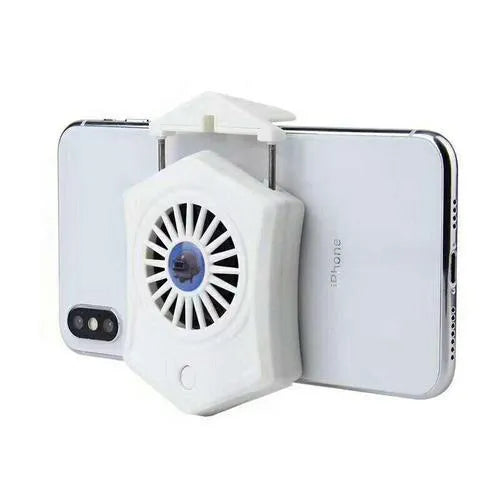 Black and white mobile phone radiator cooling fan clipped onto a smartphone.