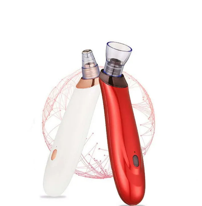 Electric blackhead extractor tool in black, gold, red, or white with interchangeable nozzles.
