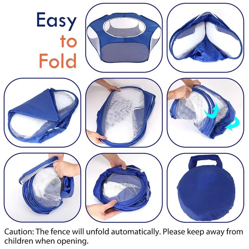 Folding pet fence 120x38 cm blue with breathable zipped cover and waterproof base