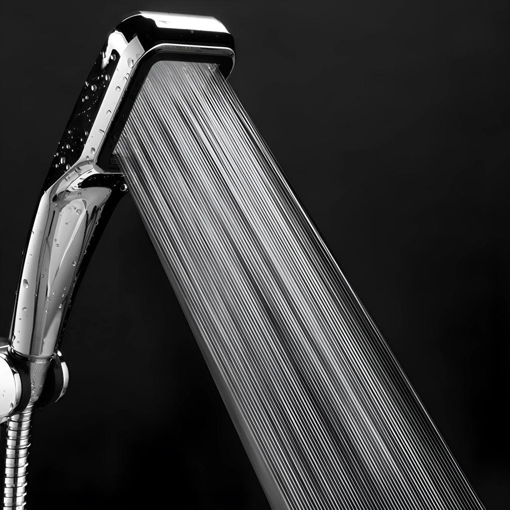 Hand-held pressurised shower with orange shower head and rain function