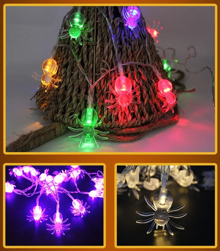 Halloween string lights with pumpkin, bat, and ghost LED lanterns hanging, showing white and coloured light options.