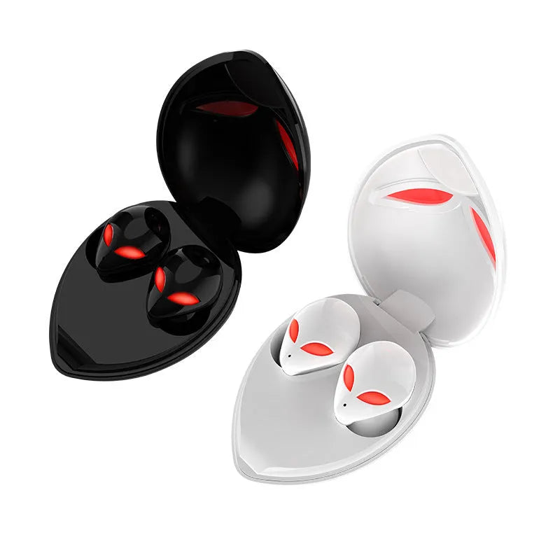 Creative Outer T8 Starman alien design Bluetooth headset with red LED lights and wireless charging case.