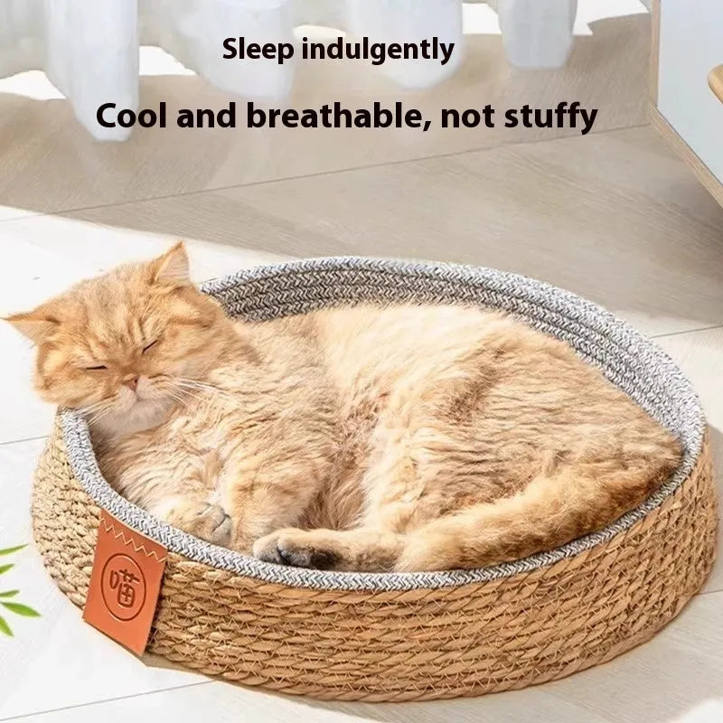 Natural rattan woven cat bed basket with raised edges available in four sizes