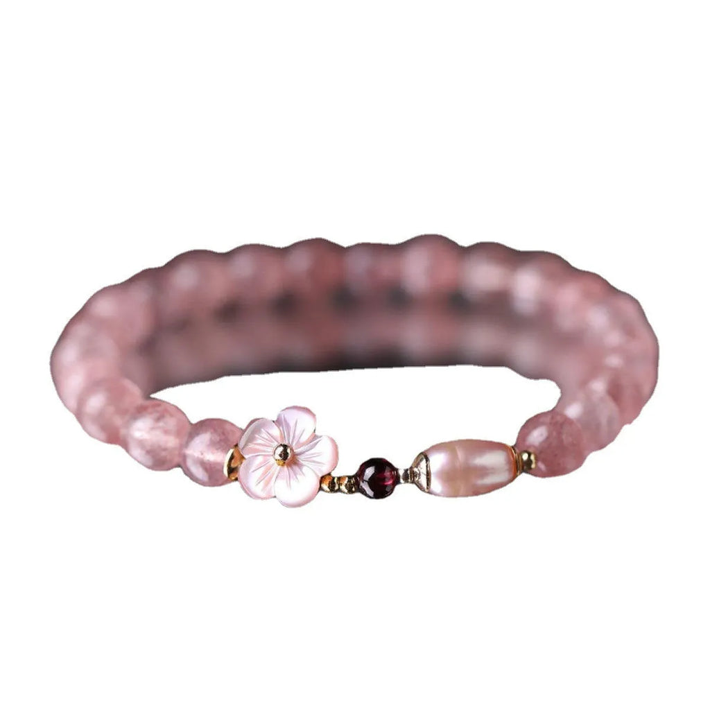 Strawberry quartz crystal bracelet with peach blossom flower charm and adjustable clasp