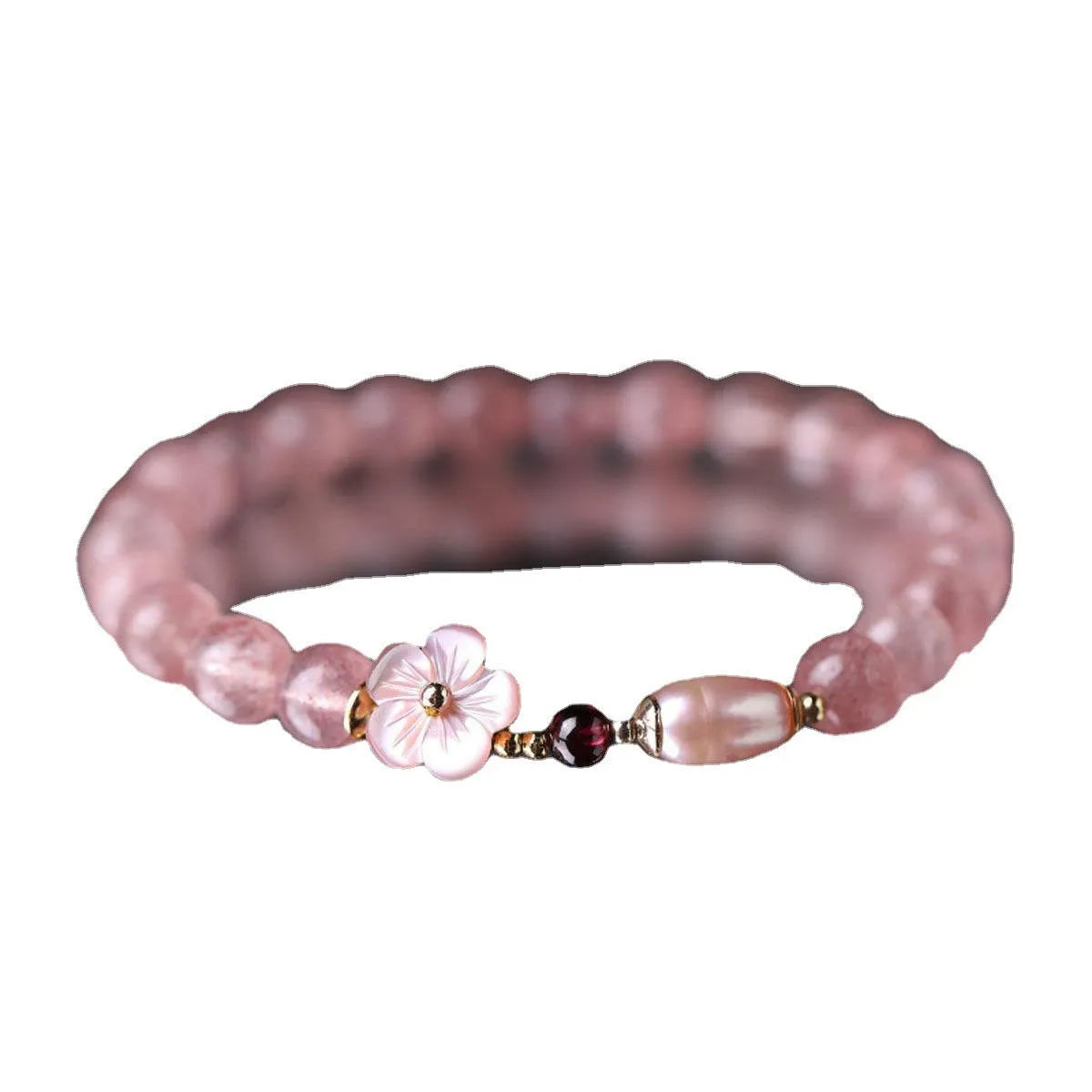 Strawberry quartz crystal bracelet with peach blossom flower charm and adjustable clasp