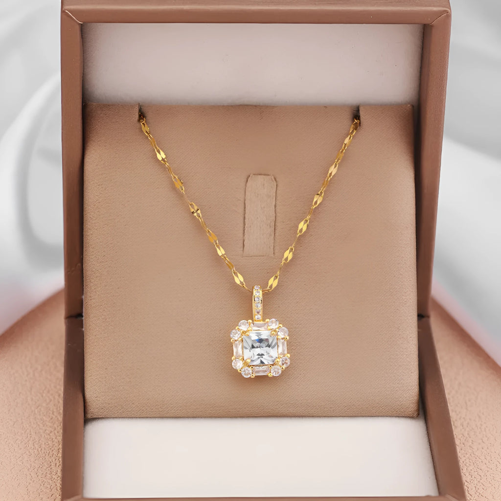 Women's titanium steel clavicle chain necklace with geometric gem-inlaid pendant