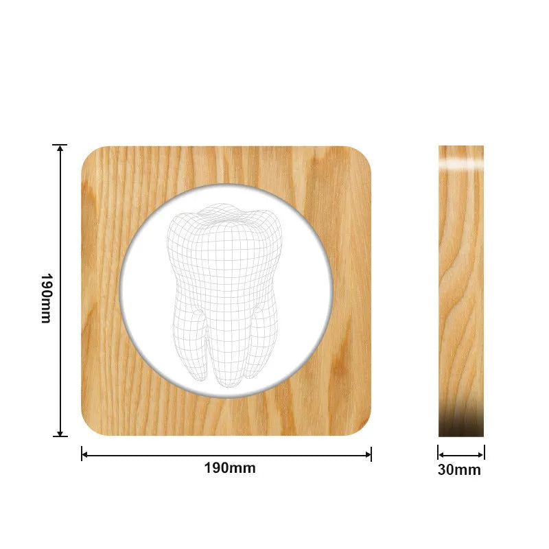 Wood colour tooth-shaped acrylic night lamp measuring 190x190x30mm with USB cable