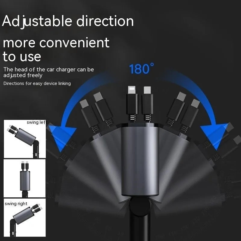 Car charger with retractable cable plugged into vehicle cigarette lighter socket