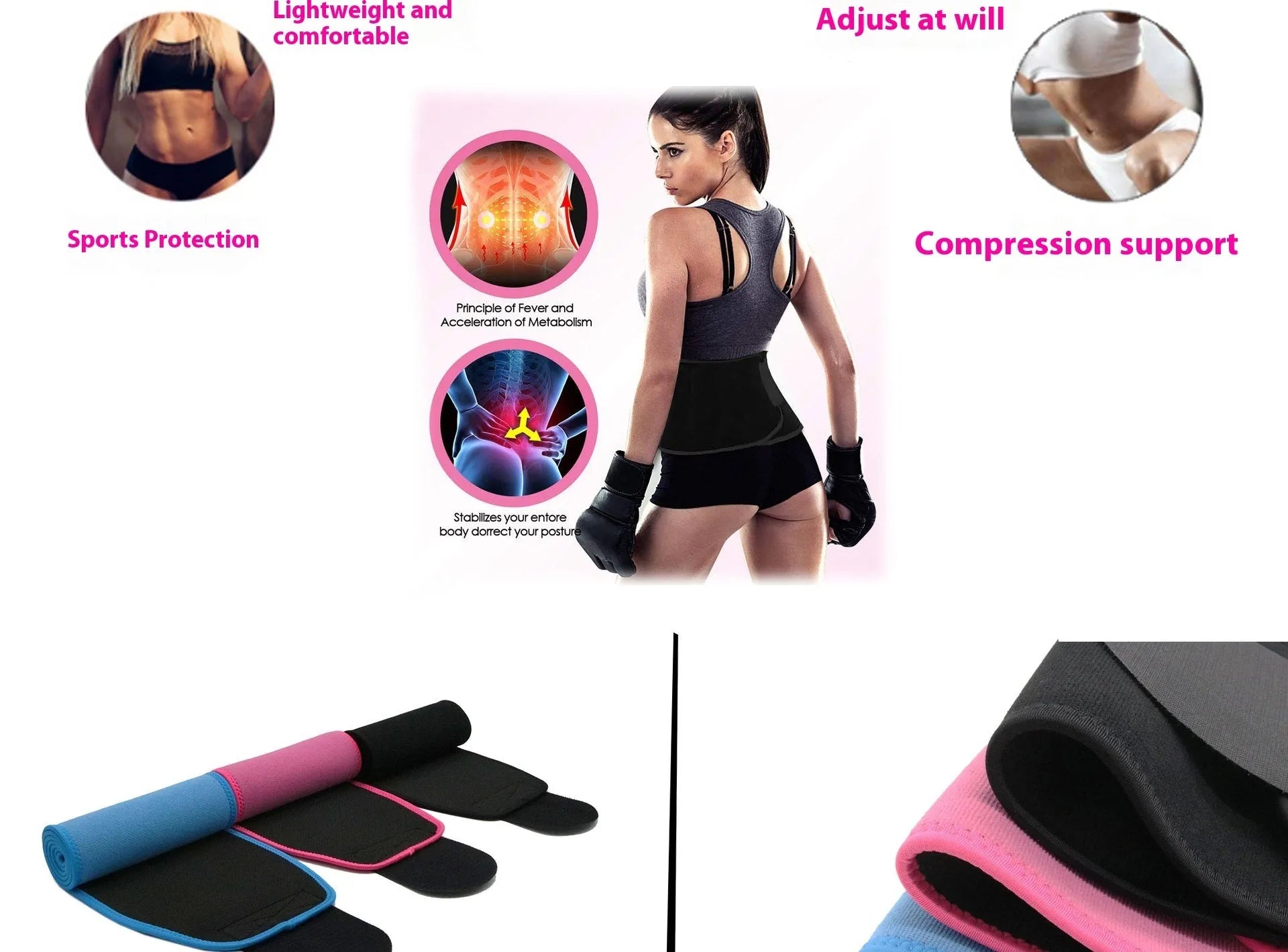 Neoprene lumbar support belt in black, blue or pink for sports fitness and waist protection