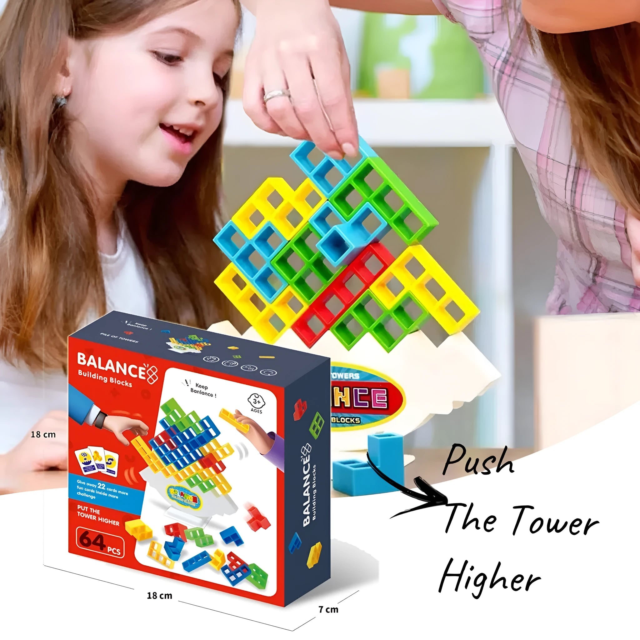 Plastic balance stacking game with colourful building blocks on 26.5cm square chassis