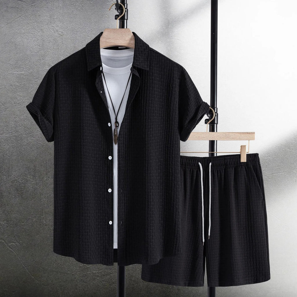 Men's loose-fit cotton blend shirt and shorts summer casual set in black