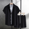 Men's loose-fit cotton blend shirt and shorts summer casual set in black