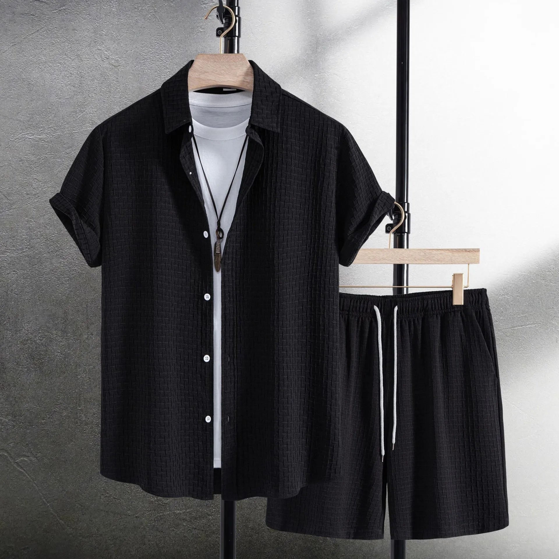 Men's loose-fit cotton blend shirt and shorts summer casual set in black