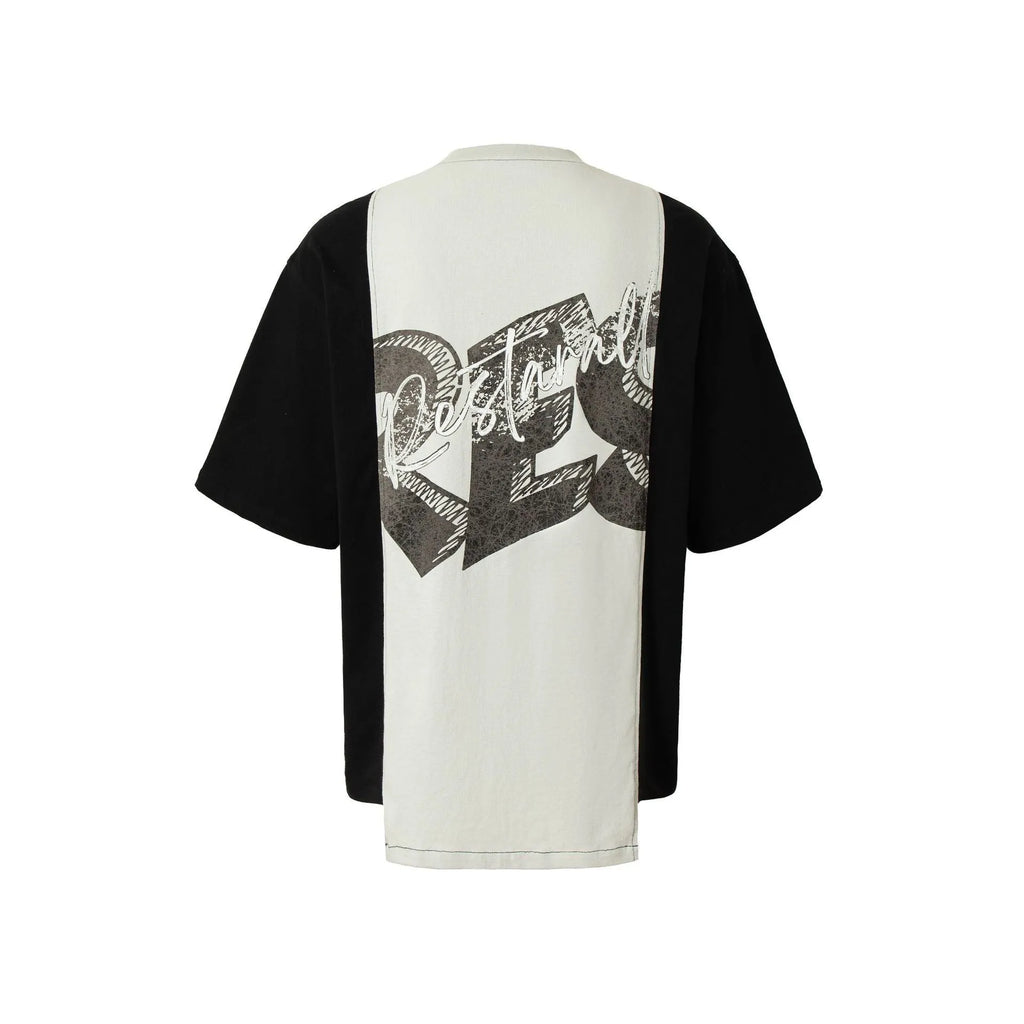 Broken collage deconstruction print T-shirt with black and white stitching, loose fit short sleeve