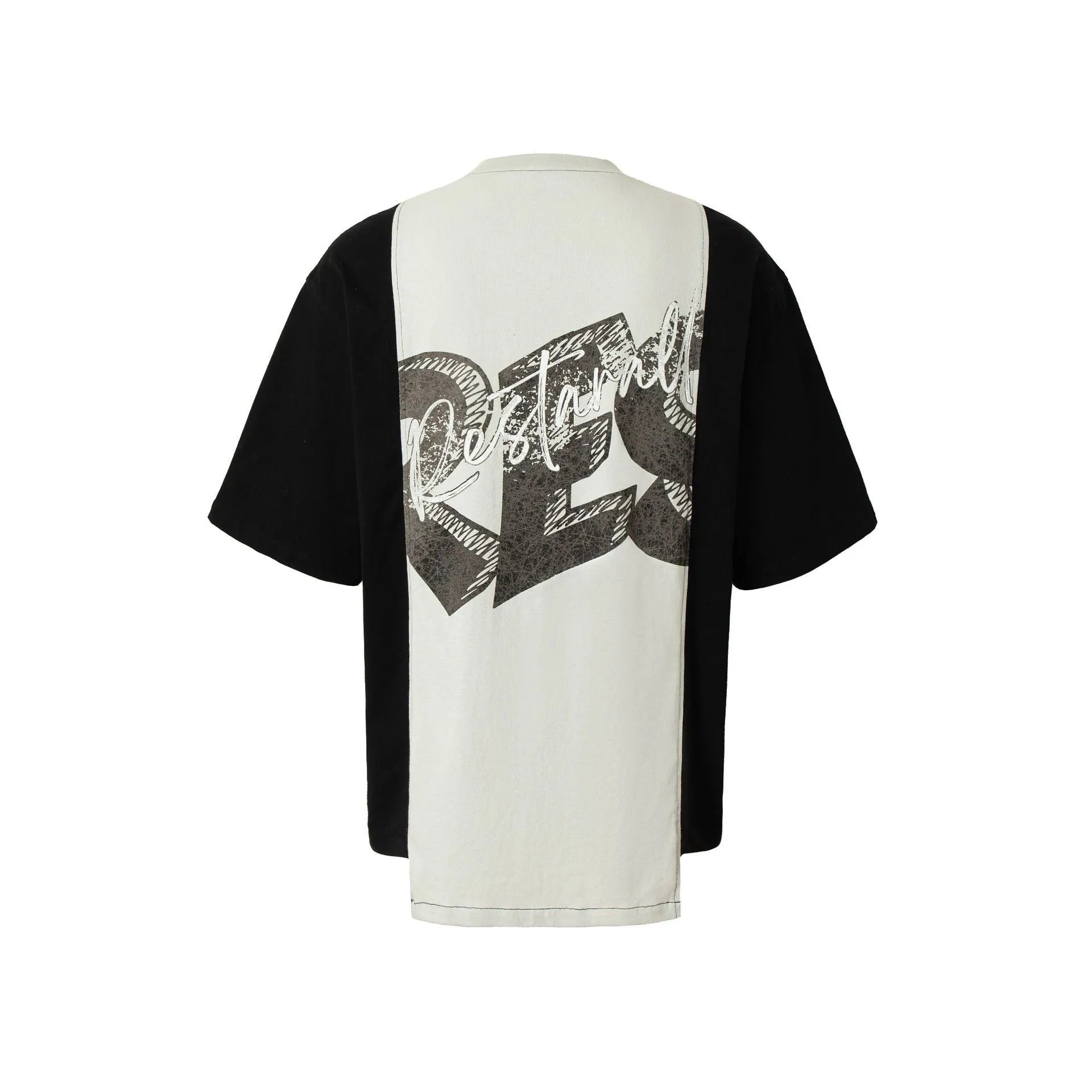 Broken collage deconstruction print T-shirt with black and white stitching, loose fit short sleeve