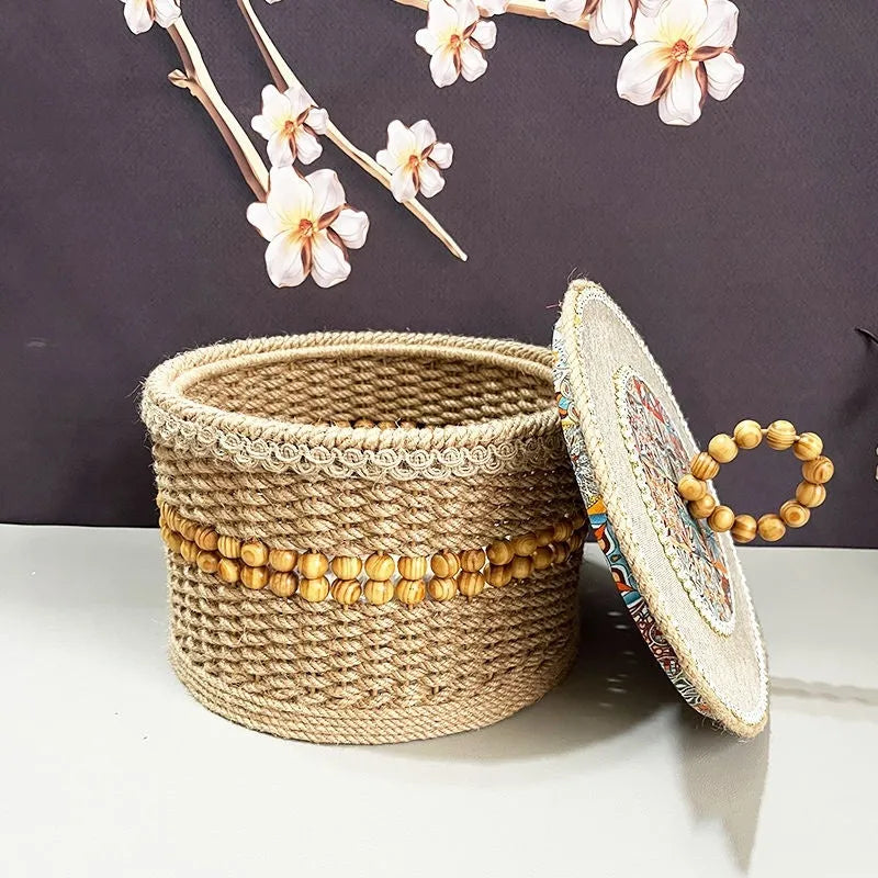 Hand-made rattan storage basket in brown for home storage of snacks and sundries