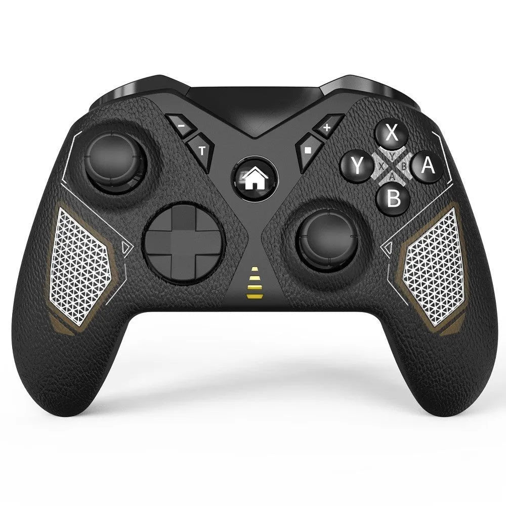 Black wireless Nintendo Switch game controller with leather-texture grips on a grey background.