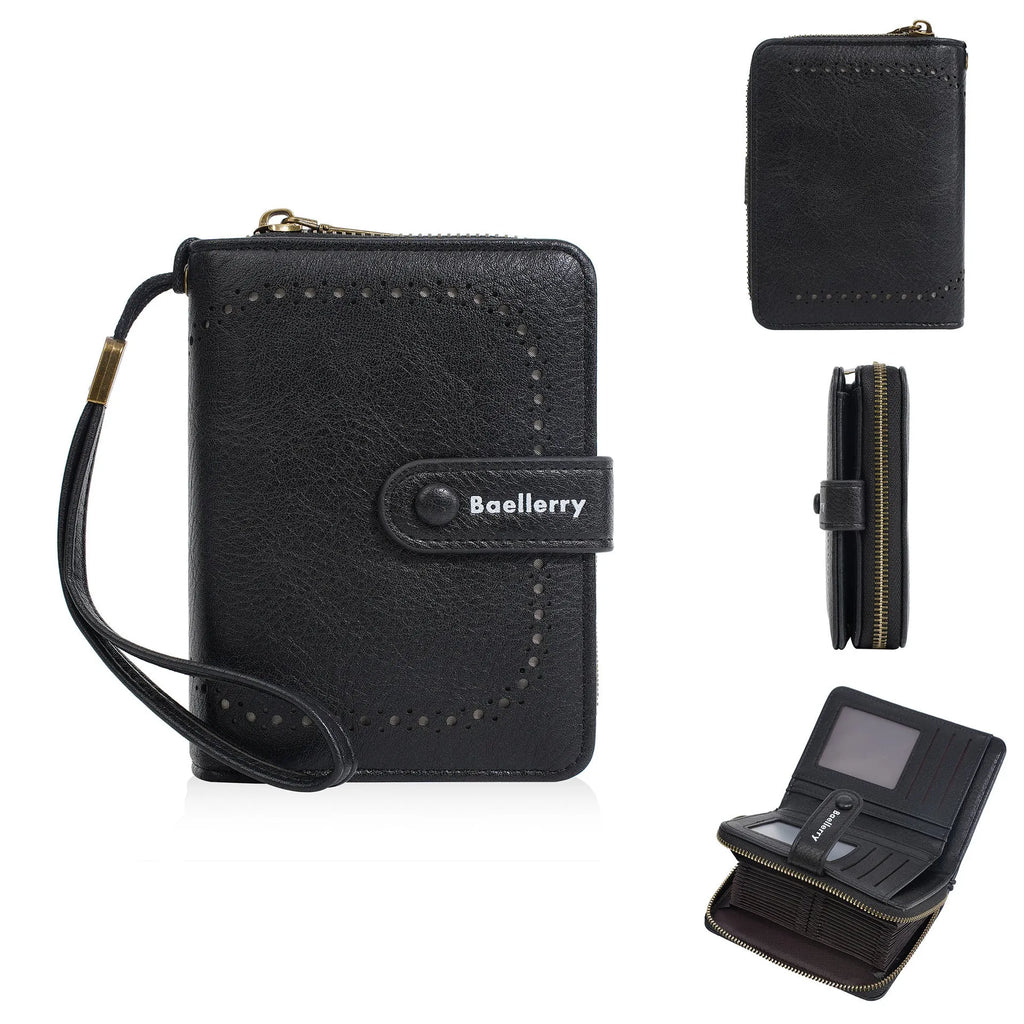 Women's black PU leather zip coin purse wallet with card slots lying open