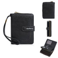 Women's black PU leather zip coin purse wallet with card slots lying open