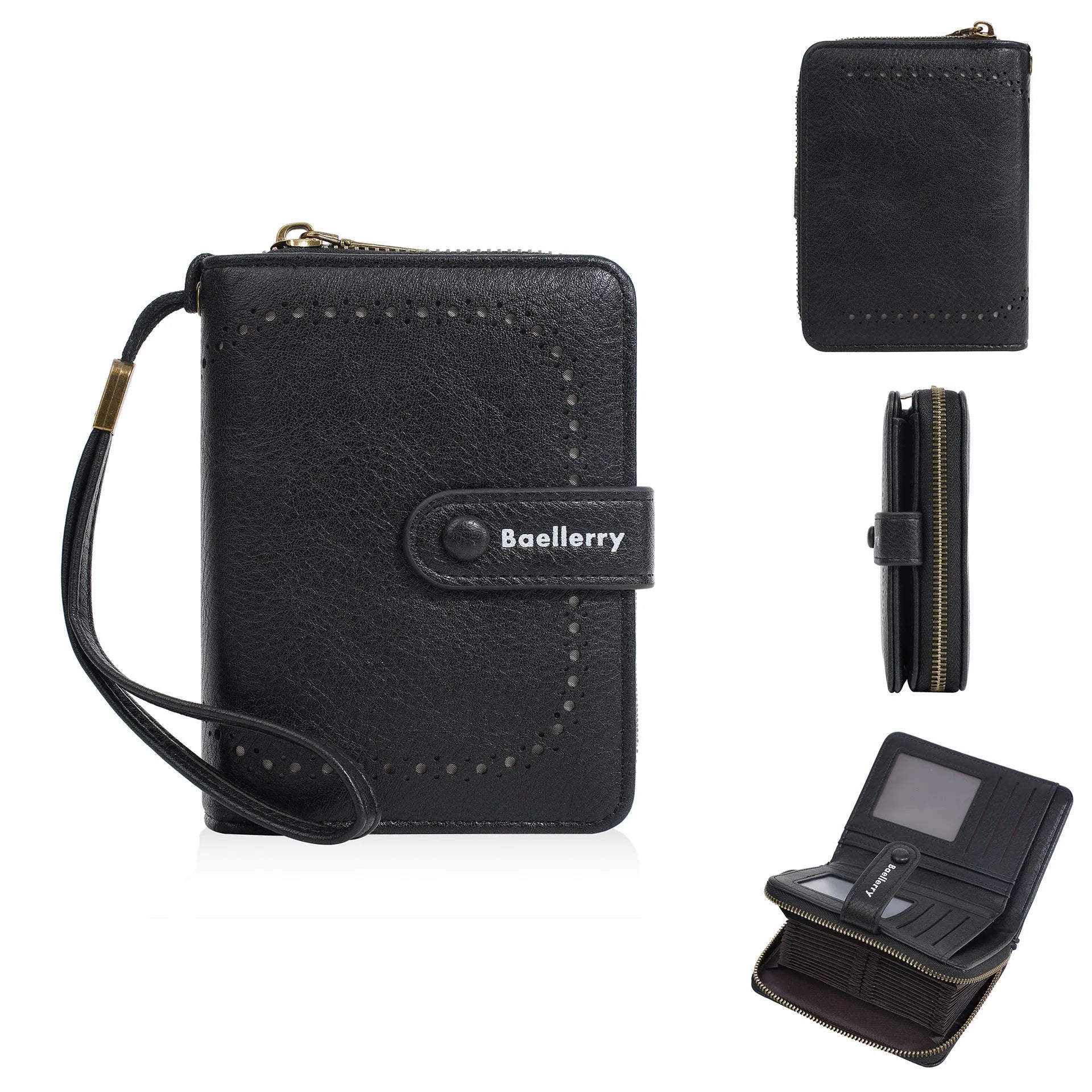 Women's black PU leather zip coin purse wallet with card slots lying open