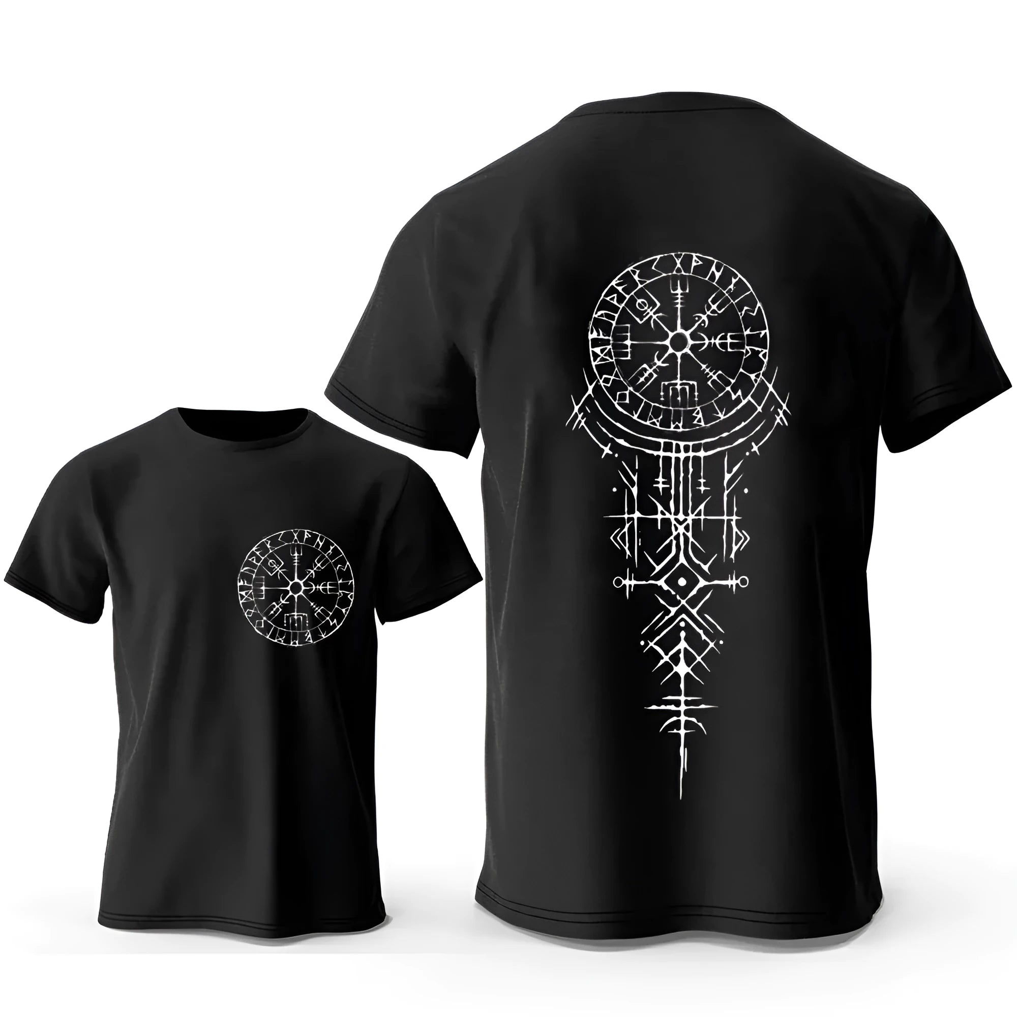 Men's Viking rune compass graphic on a pure cotton t-shirt, showing colour options.