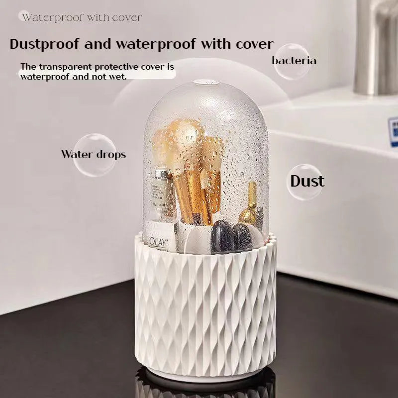 Transparent rotating makeup brush storage box with white accents and removable dust-protecting lid