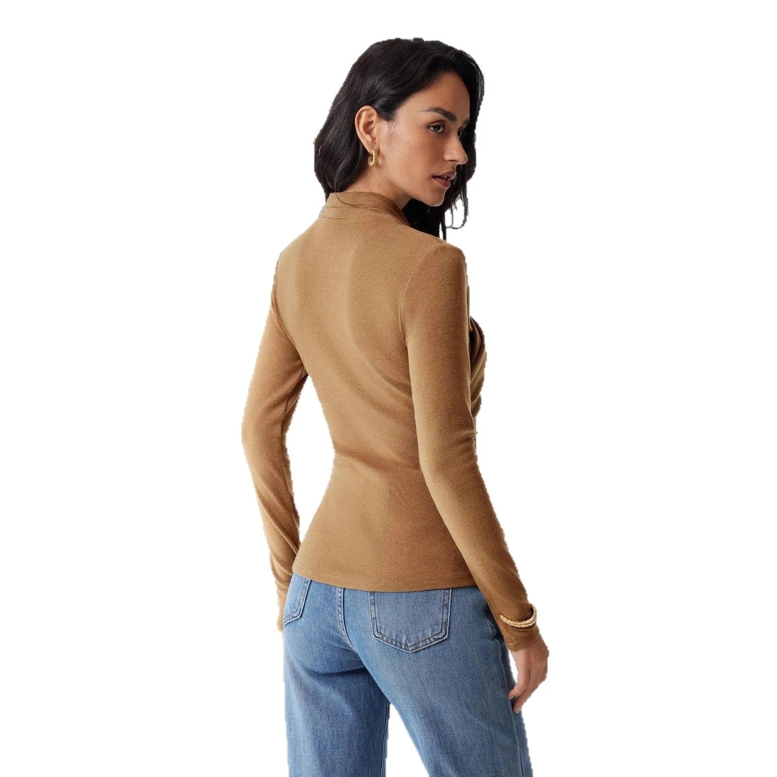 Camel-coloured women's slim fit polyester pullover sweater with long sleeves