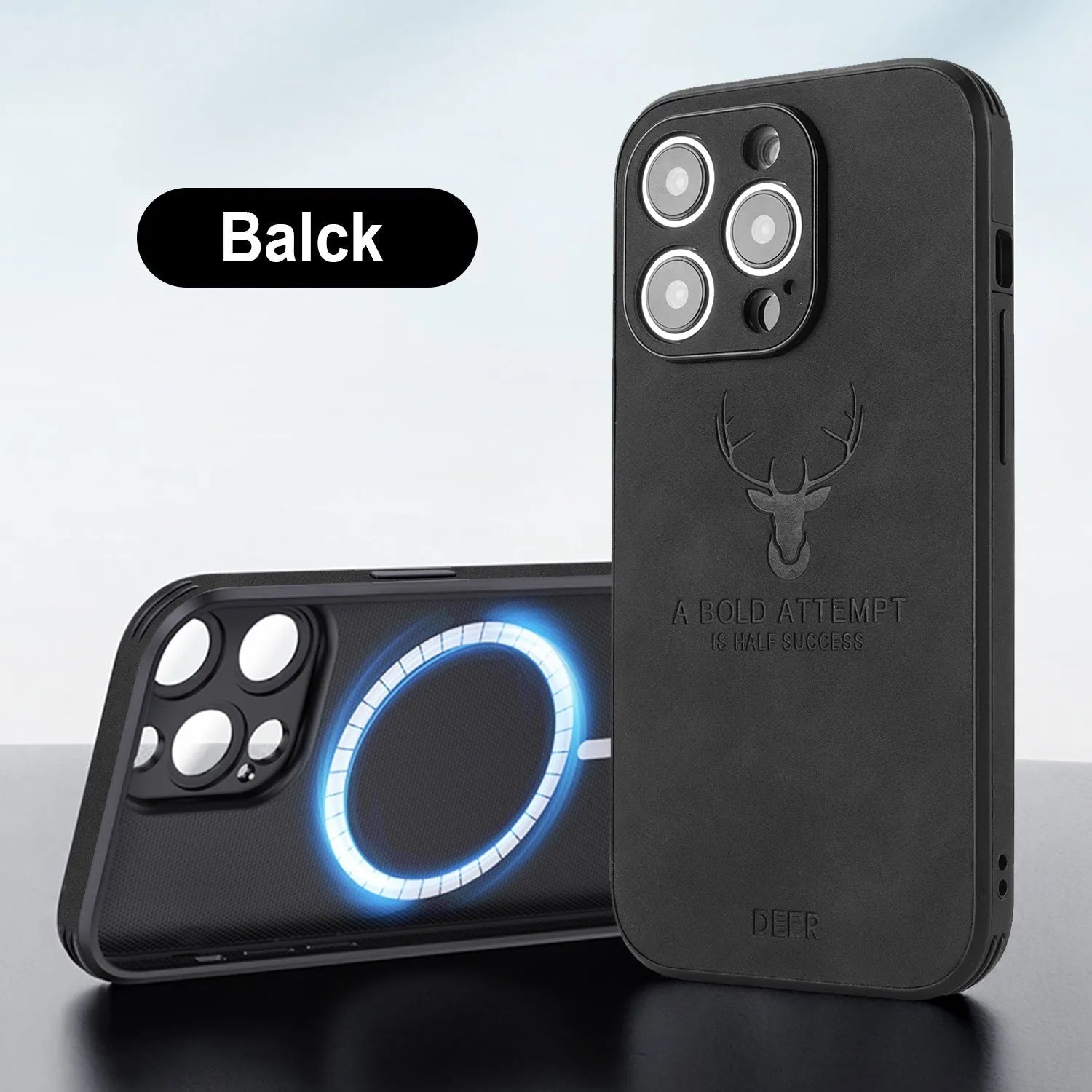 Magnetic charging moose head imitatin leather phone case for iPhone 16, black colour, embossed design