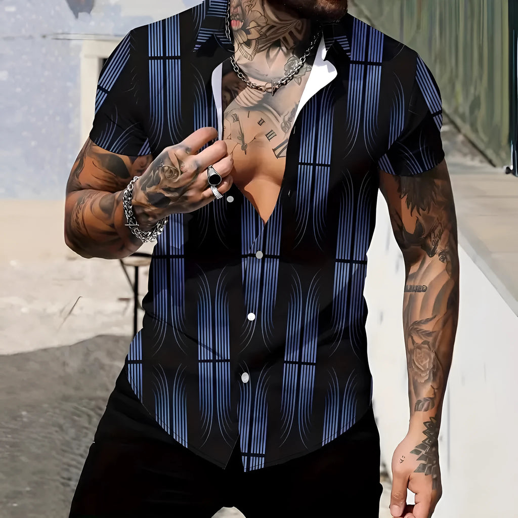 Men's slim fit geometric line print lapel short sleeve shirt in polyester fabric.