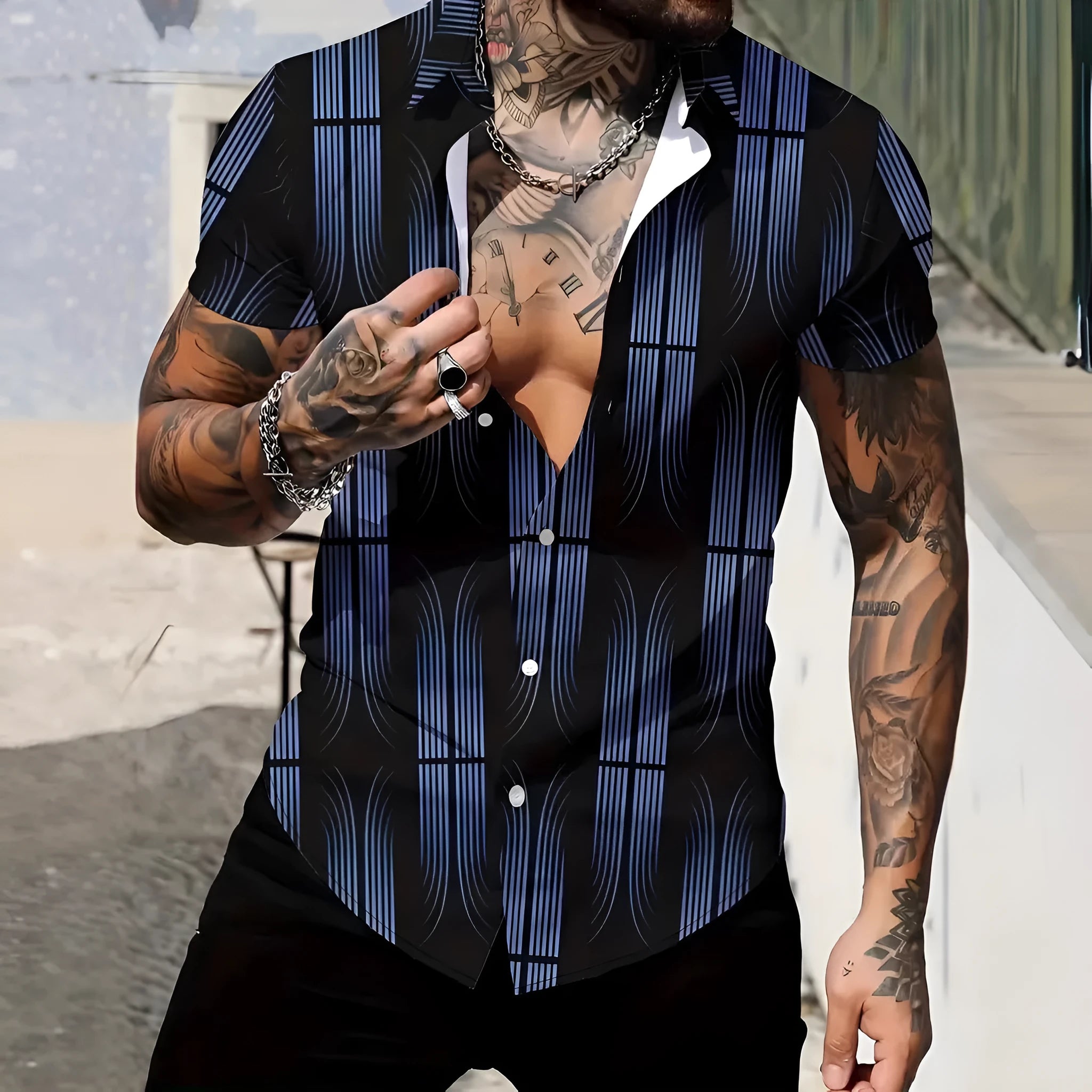 Men's slim fit geometric line print lapel short sleeve shirt in polyester fabric.