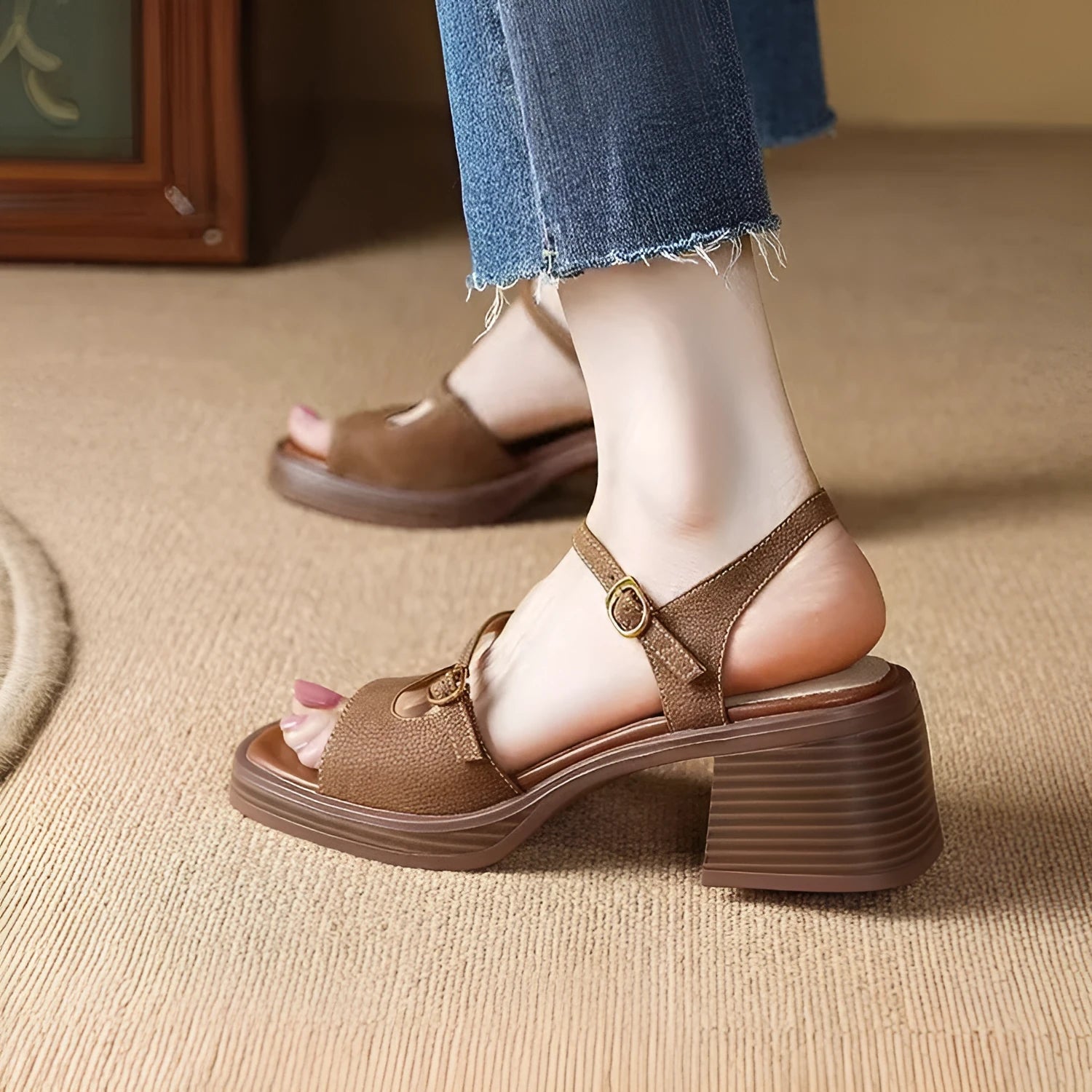 Women's open toe square toe retro platform sandals in beige with PU upper and rubber sole