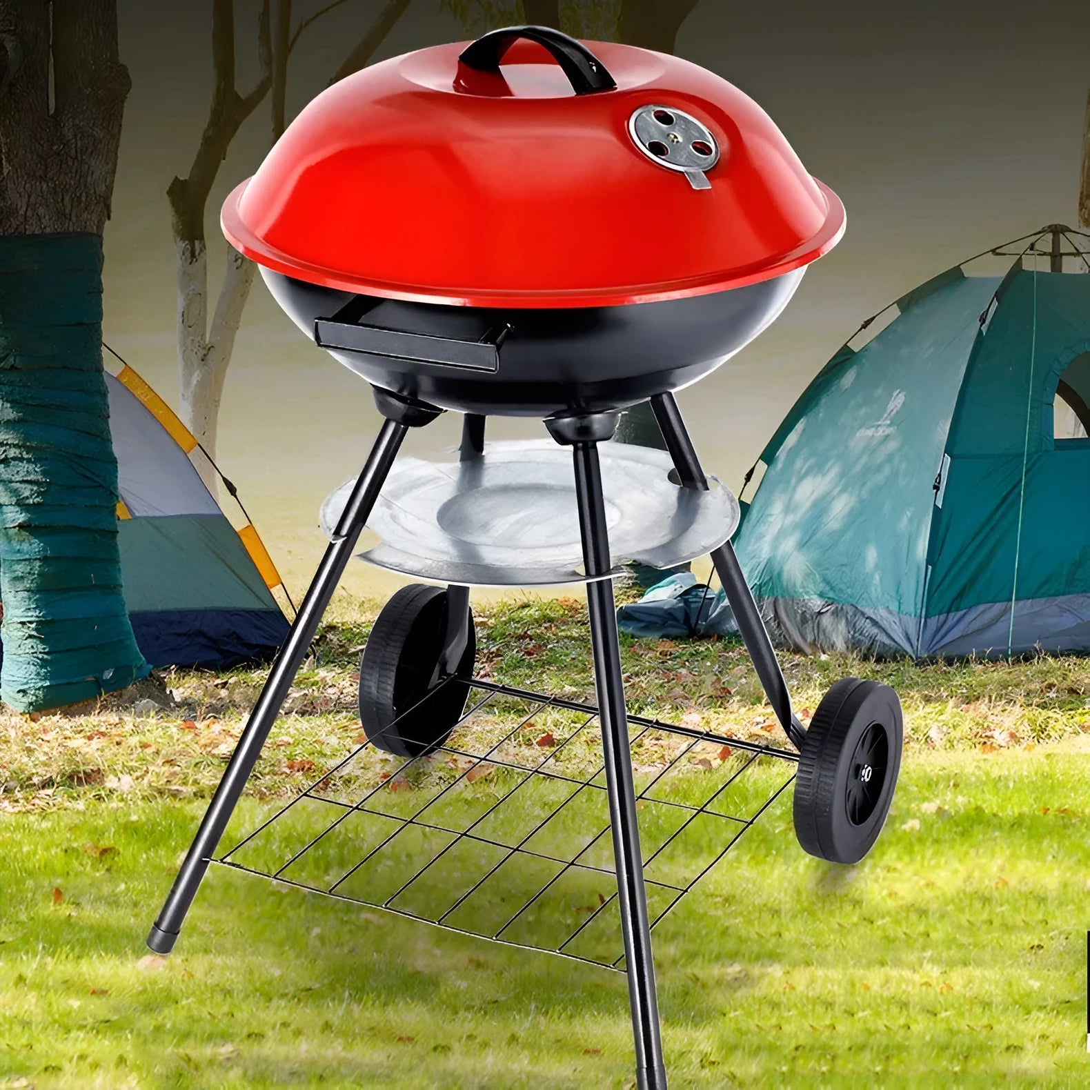 Portable 14-inch iron barbecue grill with apple stove design.