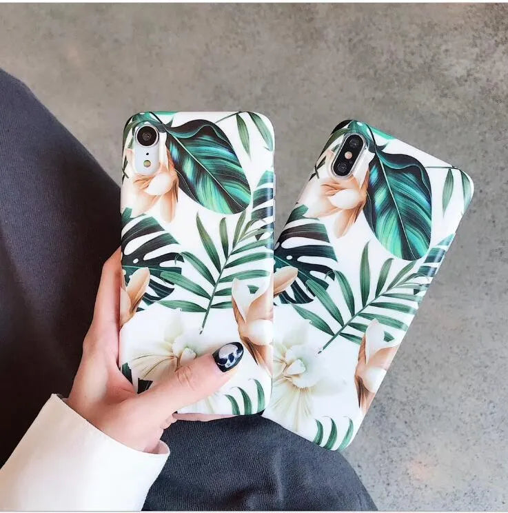 Retro soft floral TPU phone case with flower and banana leaf art for iPhone XR and XS Max