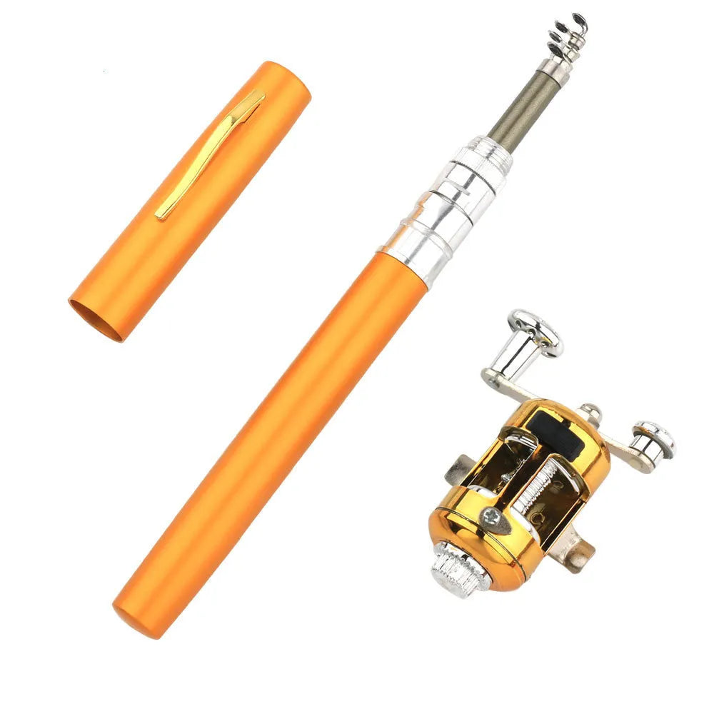 Gold telescopic pen fishing rod kit extended to 1m with plastic reel, collapsed into aluminium case.