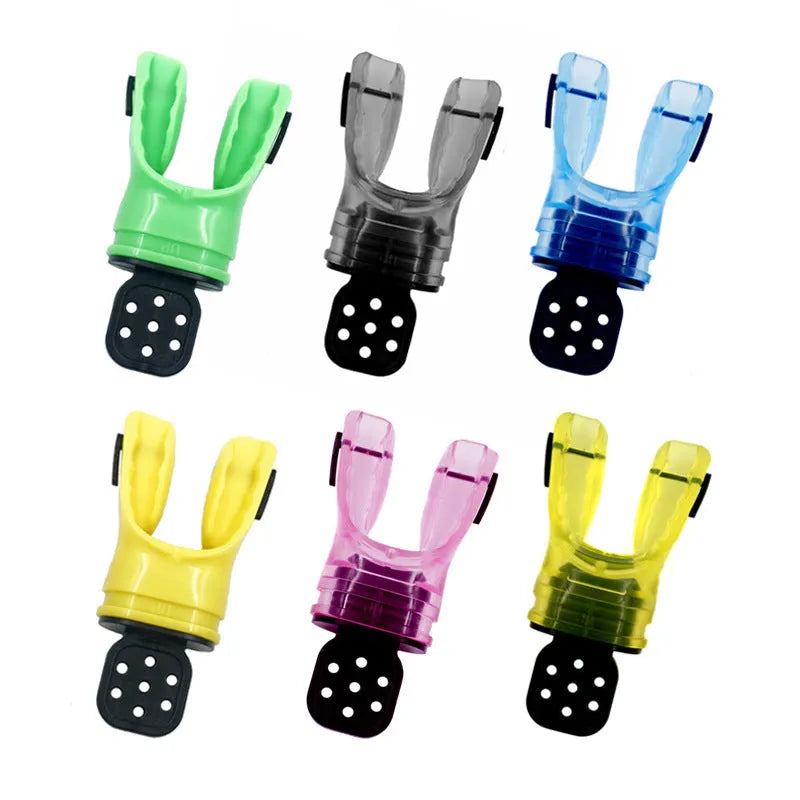 Edible silicone plastic free diving mouthpiece in various colours showing 110mm length.